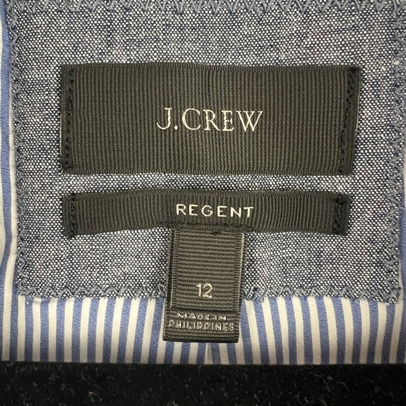 J. Crew Regent Four-Season Chambray Blazer Size 12 Ruffle Trim Striped Lining - Picture 4 of 11